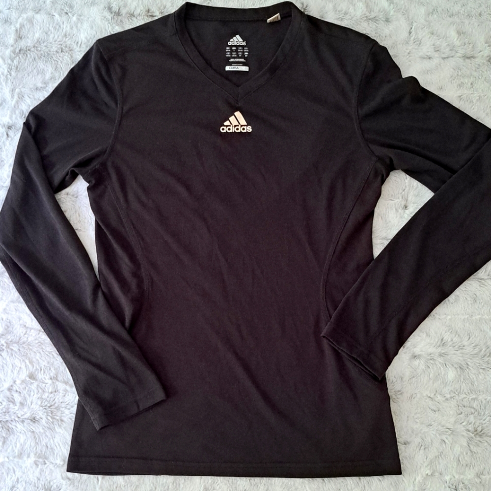 Adidas womans black v-neck athletic poly long sleeve shirt.  Size S.